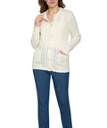 Women's Button Front Crochet Pointelle Cardigan with Pockets