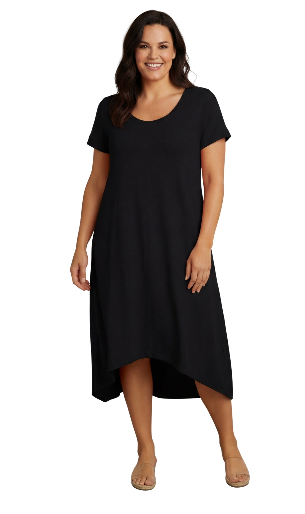 Women's Knit Wide Scoop Neck Short Sleeve Dress in A-line Asymmetrical –  Silverts