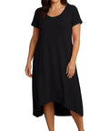 Women's Knit Wide Scoop Neck Short Sleeve Dress in A-line Asymmetrical Hem - Silverts 1