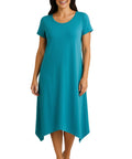 Women's Knit Wide Scoop Neck Short Sleeve Dress in A-line Asymmetrical Hem - Silverts 4