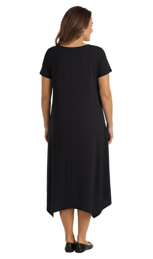 Women's Knit Wide Scoop Neck Short Sleeve Dress in A-line Asymmetrical Hem