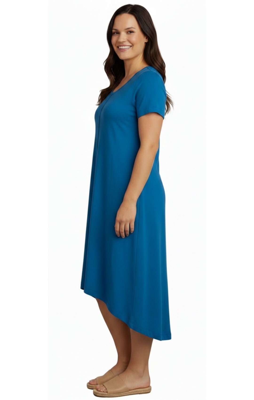 Women's Knit Wide Scoop Neck Short Sleeve Dress in A-line Asymmetrical Hem - Silverts 10