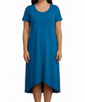 Women's Knit Wide Scoop Neck Short Sleeve Dress in A-line Asymmetrical Hem - Silverts 8
