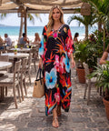 Sakkas Georgettina Flowy Rhinestone V Neck Long Caftan Dress/Cover Up