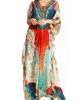 Sakkas Georgettina Flowy Rhinestone V Neck Long Caftan Dress/Cover Up
