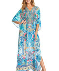 Sakkas Georgettina 2025 Flowy Rhinestone V Neck Long Caftan Dress / Cover Up