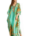 Sakkas Georgettina Flowy Rhinestone V Neck Long Caftan Dress/Cover Up