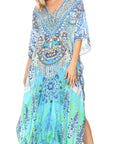 Sakkas Georgettina Flowy Rhinestone V Neck Long Caftan Dress/Cover Up