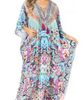 Sakkas Georgettina Flowy Rhinestone V Neck Long Caftan Dress/Cover Up
