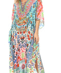 Sakkas Georgettina Flowy Rhinestone V Neck Long Caftan Dress/Cover Up