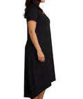 Women's Knit Wide Scoop Neck Short Sleeve Dress in A-line Asymmetrical Hem - Silverts 3