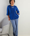 Women's Open Back 3/4 Length Sleeve Top with Embroidery - Silverts 52