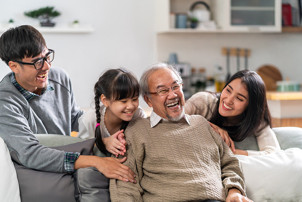 a group Portrait of a Happy multigenerational family sitting on a sofa