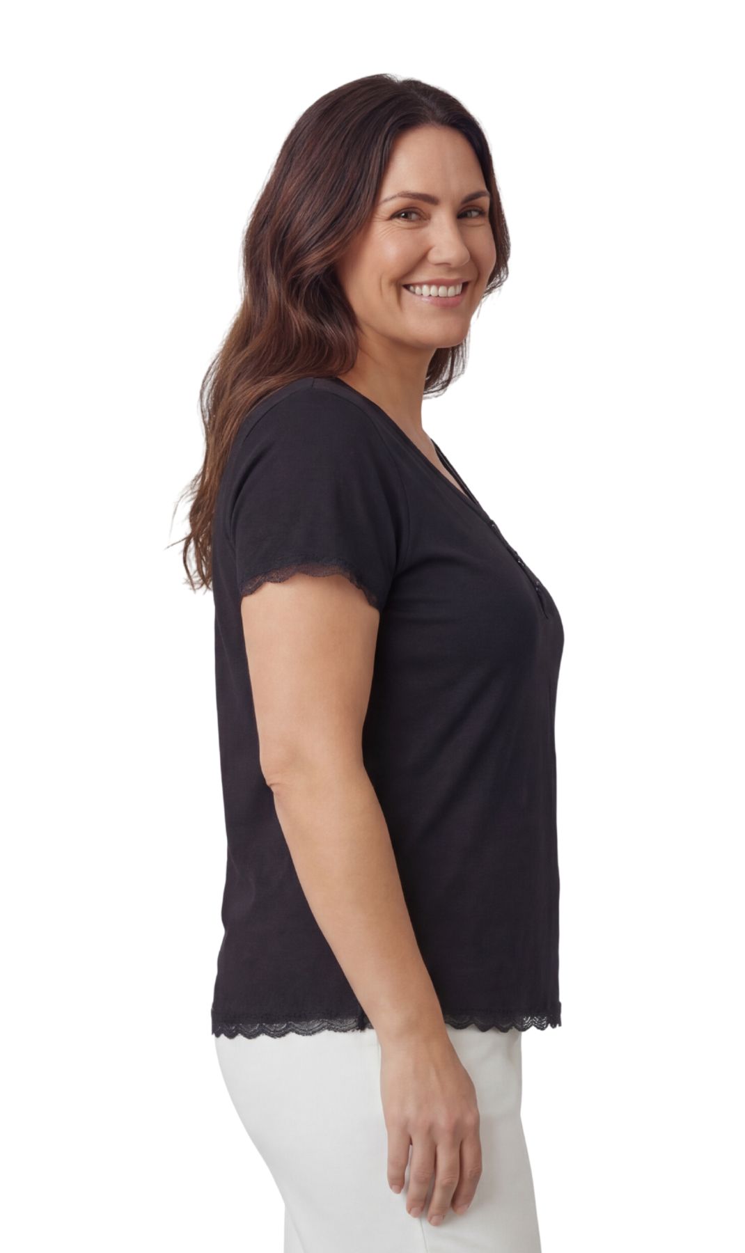 Women's V-neck Short Sleeve Tshirt with A Three Button Placket