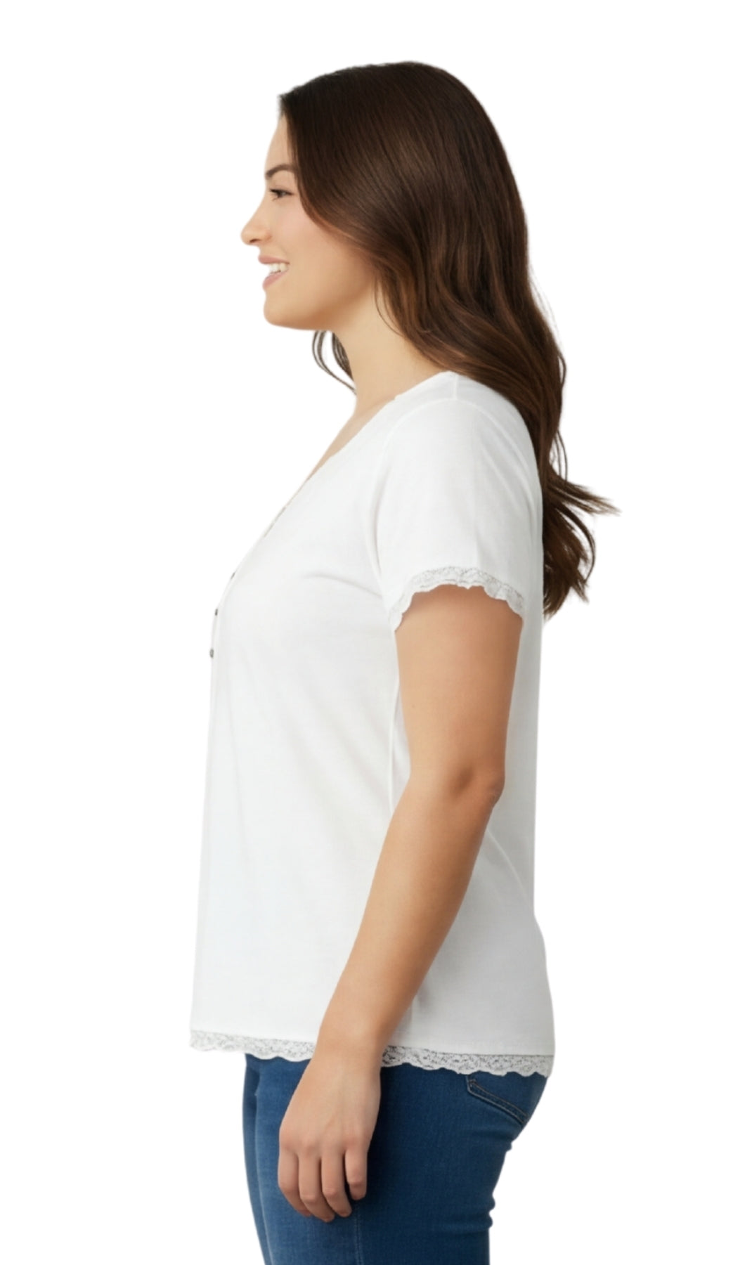 Women's V-neck Short Sleeve Tshirt with A Three Button Placket