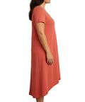 Women's Knit Wide Scoop Neck Short Sleeve Dress in A-line Asymmetrical Hem