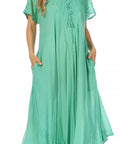 Sakkas Egan Women's Long Embroidered Caftan Dress / Cover Up With Embroidered Cap Sleeves