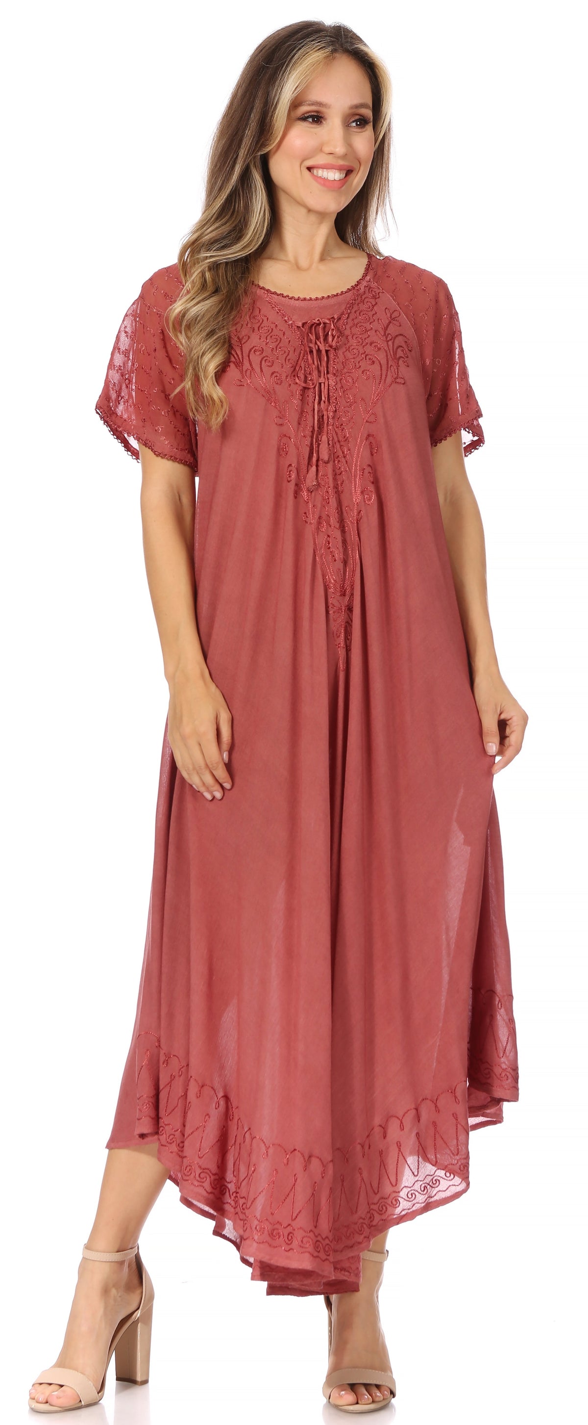 Sakkas Egan Women's Long Embroidered Caftan Dress / Cover Up With Embroidered Cap Sleeves