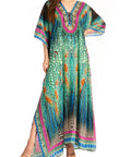 Sakkas Georgettina Flowy Rhinestone V Neck Long Caftan Dress/Cover Up