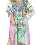 Sakkas Georgettina Flowy Rhinestone V Neck Long Caftan Dress/Cover Up
