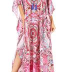 Sakkas Georgettina Flowy Rhinestone V Neck Long Caftan Dress/Cover Up