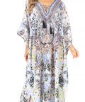 Sakkas Georgettina Flowy Rhinestone V Neck Long Caftan Dress/Cover Up