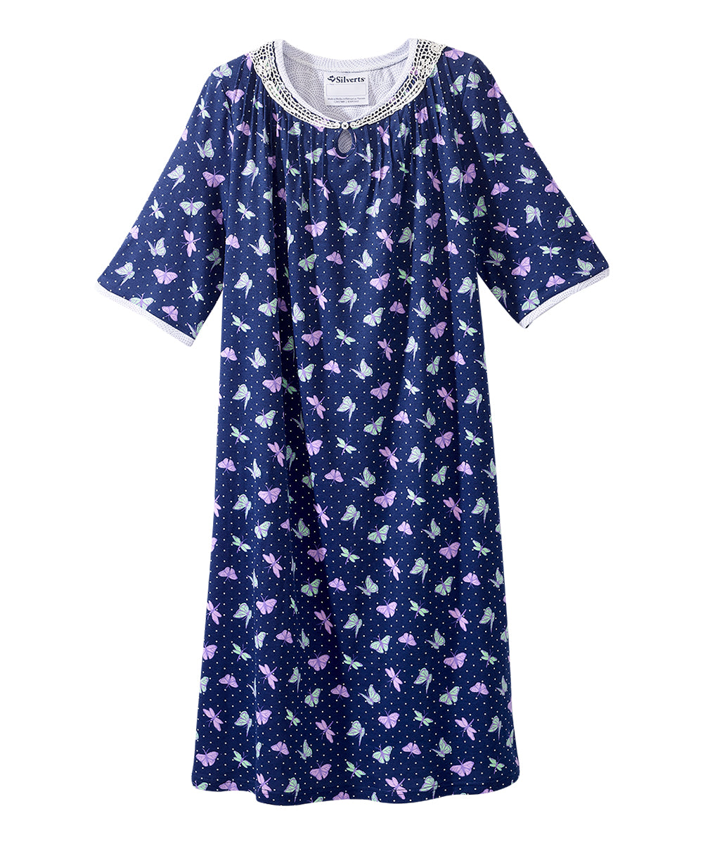 Open Back Knit Nightgown with Lace Trim