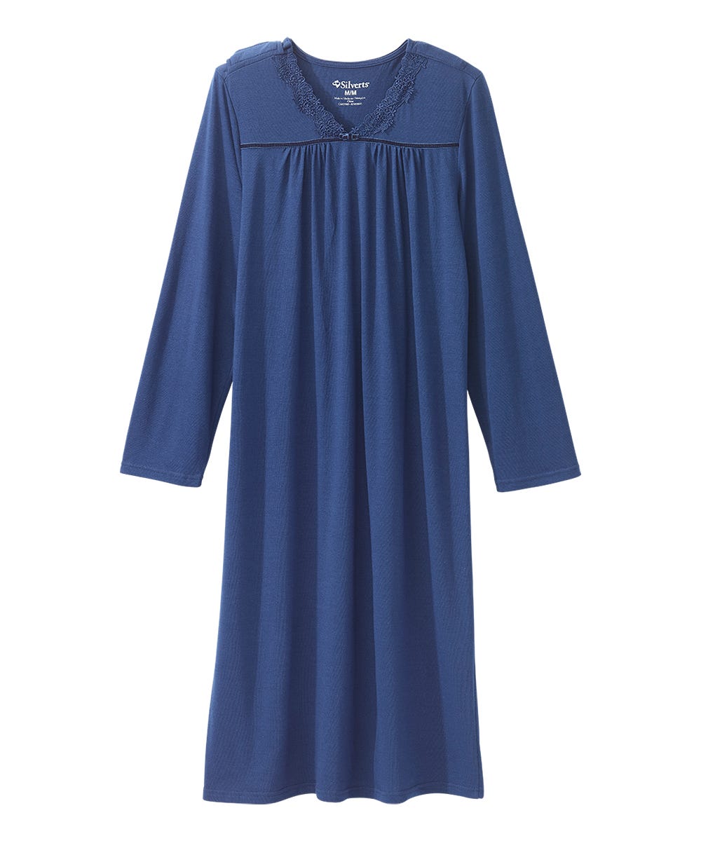 Women's Open Back Long Sleeve Lace Trim Nightgown