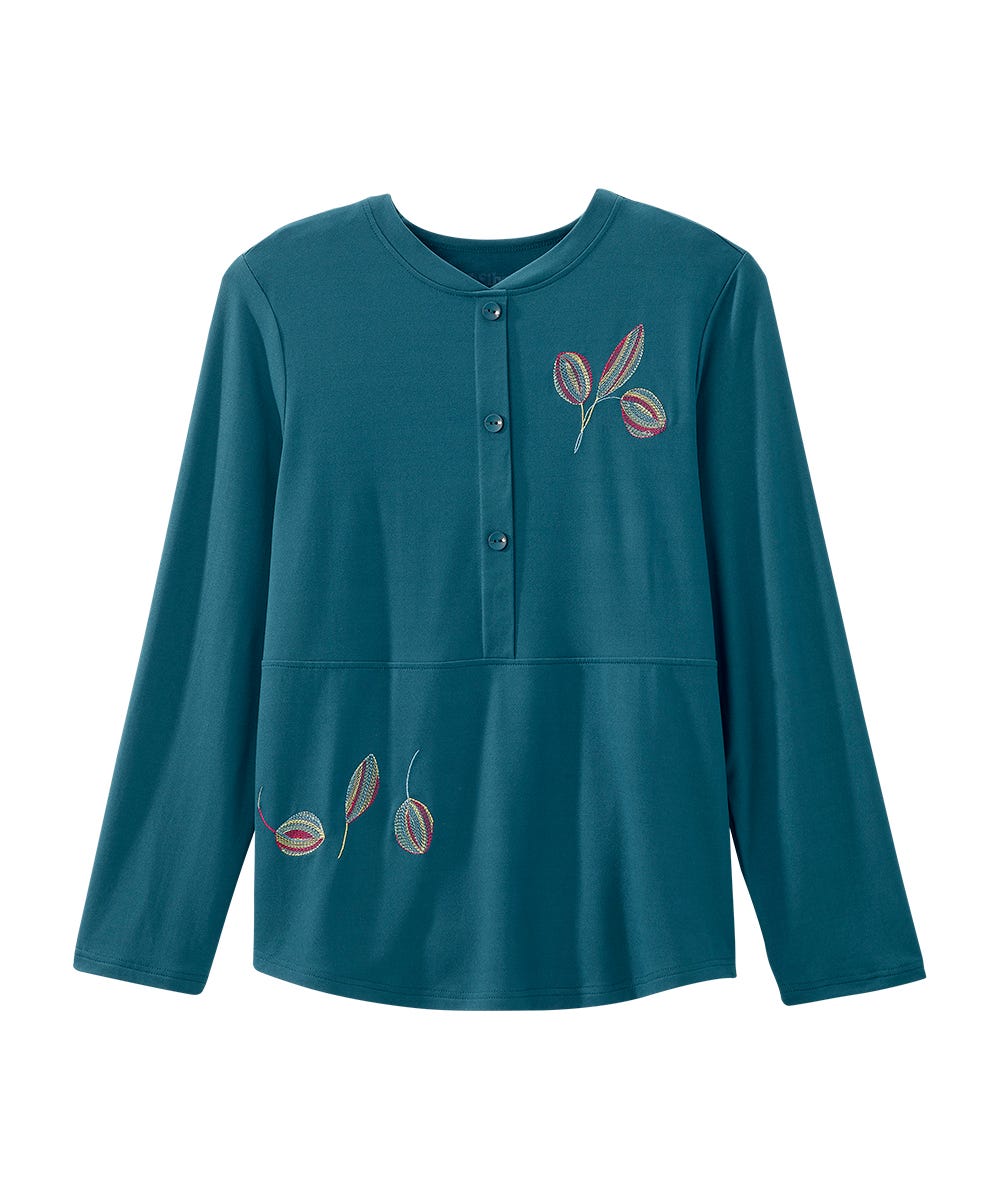 3 Button Front Shop Women's Open Back 3-Button Front Embroidery Top Online | Silverts