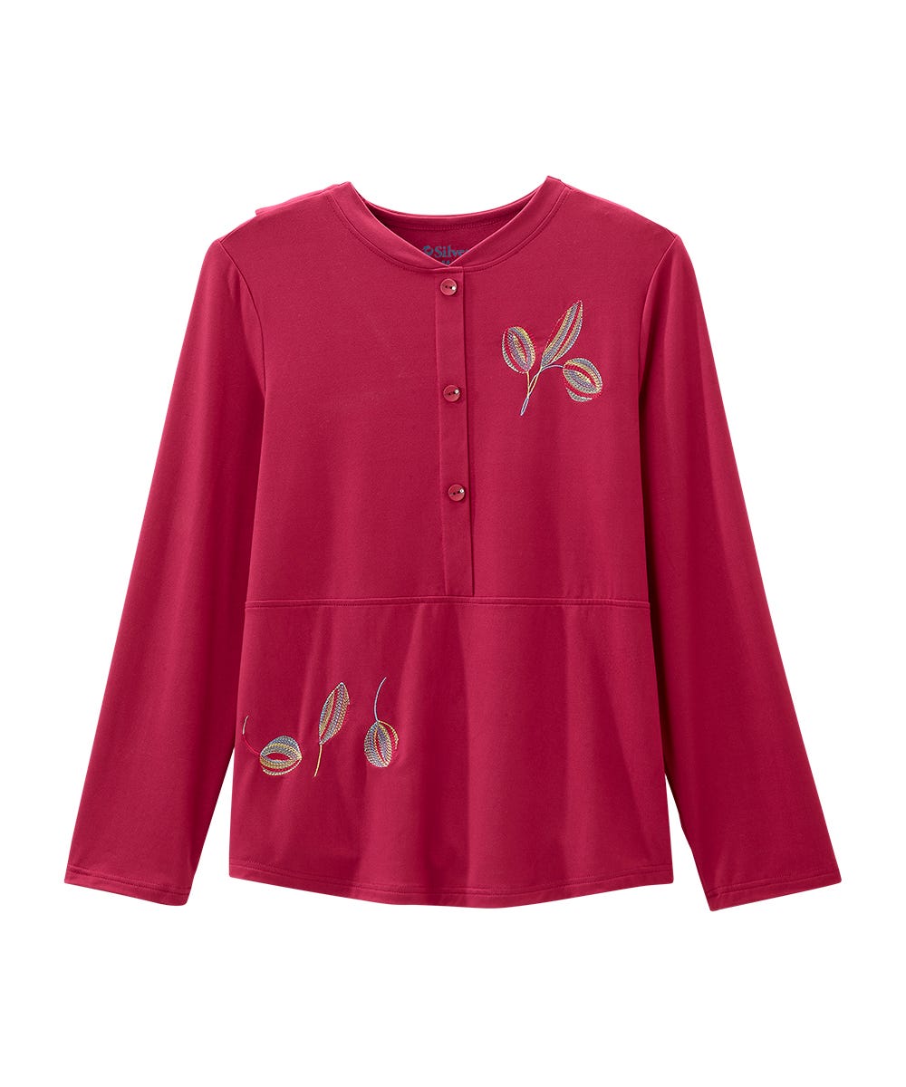 3 Button Front Shop Women's Open Back 3-Button Front Embroidery Top Online | Silverts